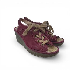 Fly London Womens 37 Wedge Sandals Lace Up Yuta‎ Maroon Leather Comfort Shoes